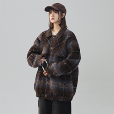 秋冬美式复古毛呢拼接皮衣格子美拉德外套情侣225-2-610-p100，男装毛呢大衣，星座225-2
