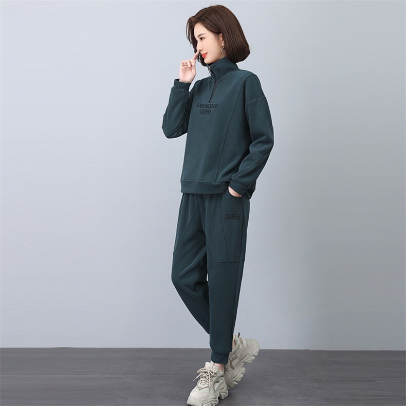 冬季新款加绒加厚立领刺绣套装时尚显瘦保暖两件套,女装套装/套裙,悦见她
