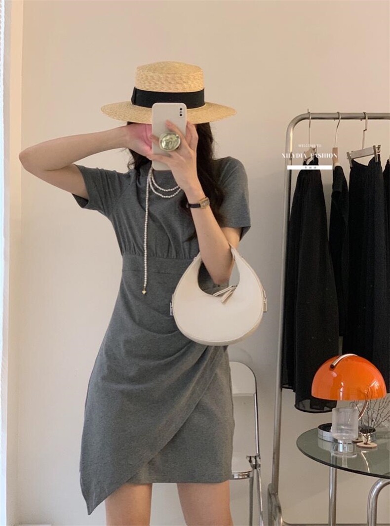 香丽迪2022年夏季新款拼接连衣裙女针织短袖圆领修身高腰,女装连衣裙,香丽迪1