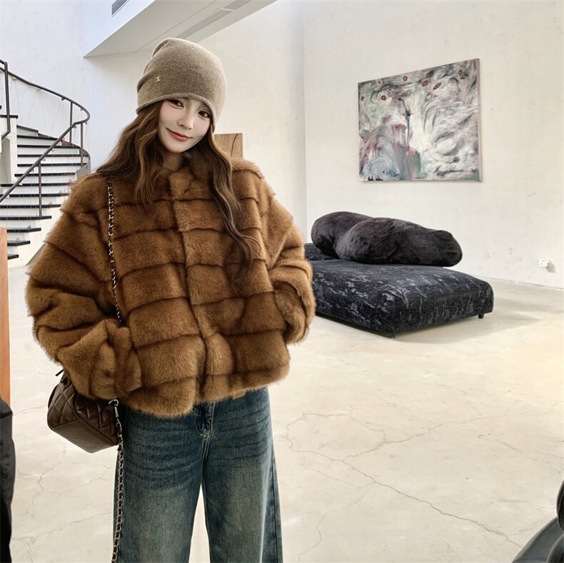 现货210-7705-P185-K268高端仿水貂立领皮毛一体外套女士,女装羊羔毛/颗粒绒,韩蜜菓