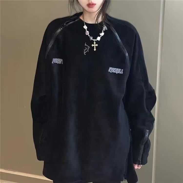 美式潮牌复古刺绣灯芯绒卫衣男女宽松圆领拉链设计感春秋上衣外套图片