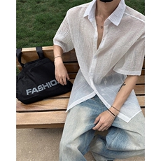 肌理感竖条纹短袖衬衫男夏季潮牌学院风宽松防晒轻薄凉感衬衣外套，男装衬衫，电商A102
