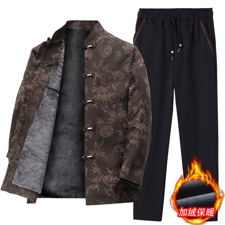 中老年男士唐装爸爸装生日礼服竹叶花加绒唐装休闲保暖汉服套装,男装棉衣,钱塘6003（原4033）