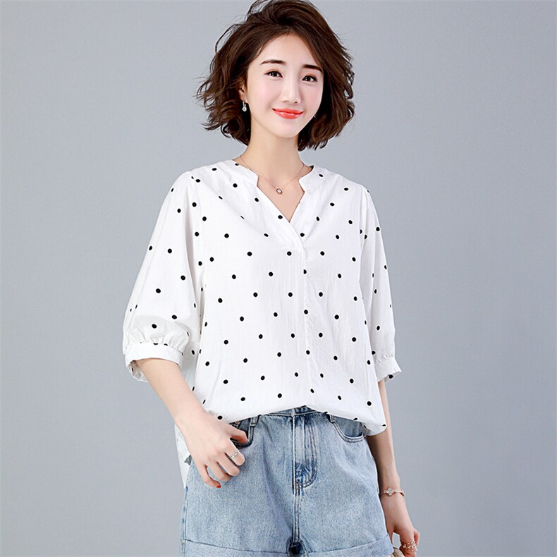2021年夏季新款潮韩版宽松波点衬衫女休闲百搭衬衣女半袖上衣,女装衬衫,简韵佳