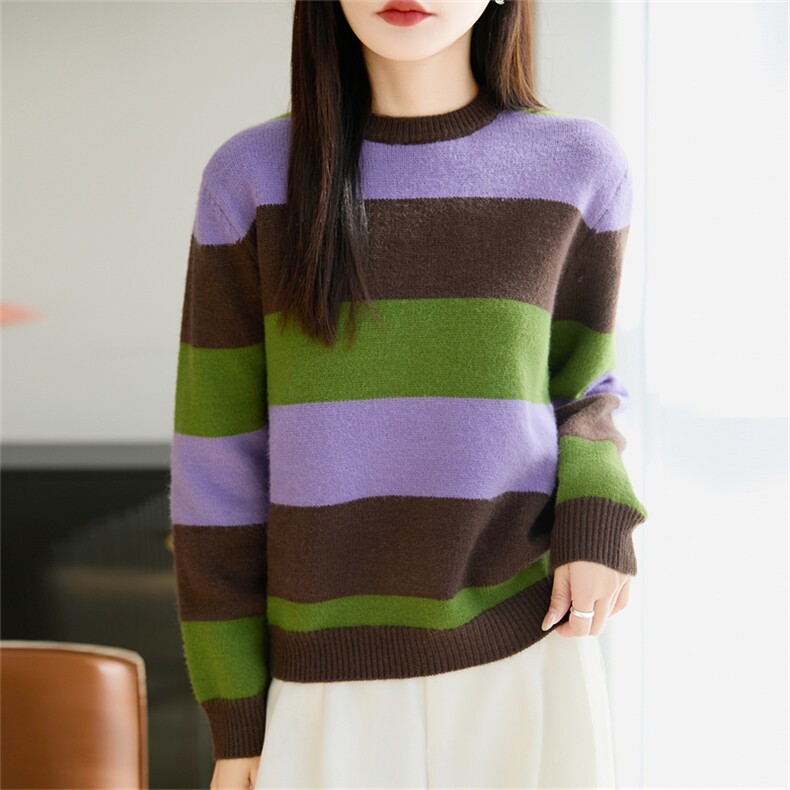 2025年秋季时尚百搭通勤简约休闲圆领拼色针织衫，女装针织衫/毛衣，郡淞羊绒