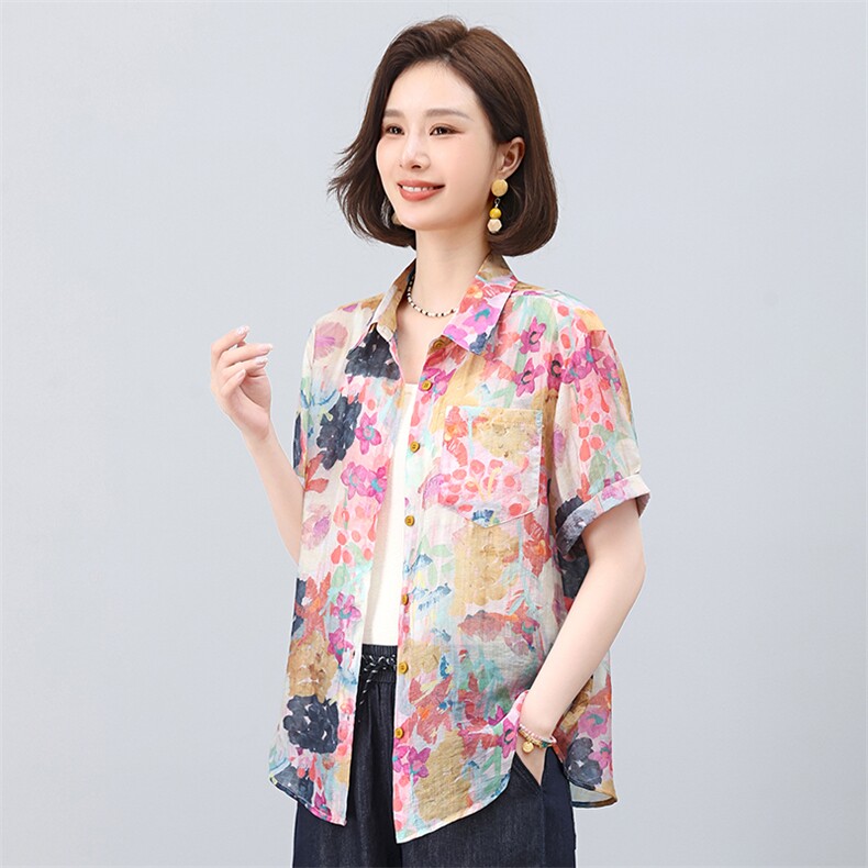 叶笙衣2552衬衫领短袖印花上衣,女装衬衫,叶笙衣