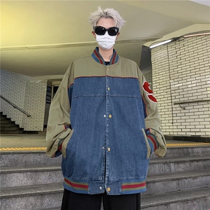 美式复古今年流行牛仔外套男女美秋季新款拼接百搭独特棒球服