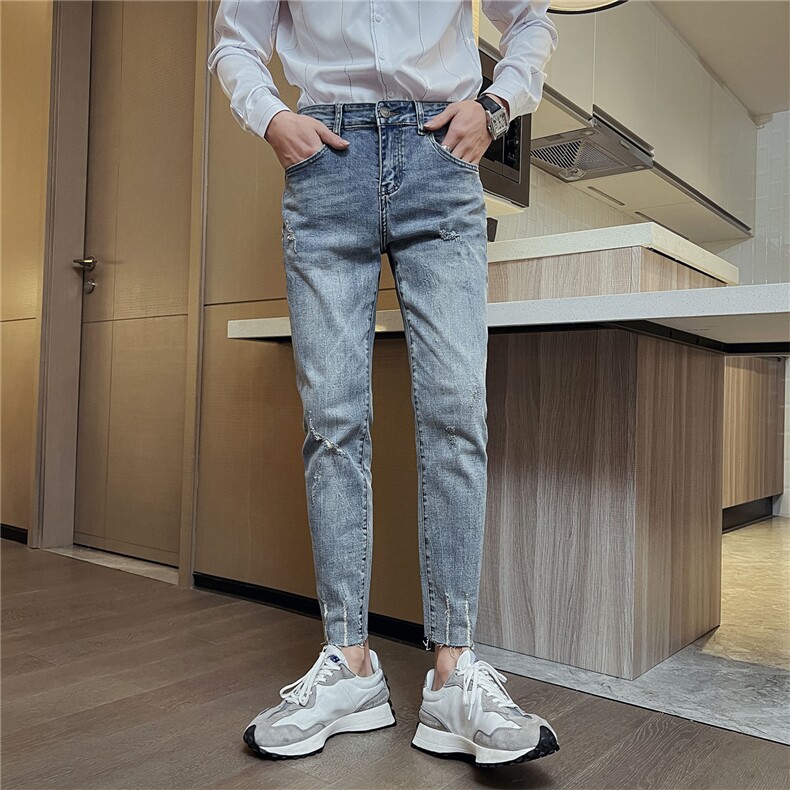 B230新款时尚复古怀旧浅蓝色切边修身小脚牛仔裤男长期款9221 P85图片