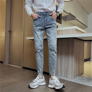 B230新款时尚复古怀旧浅蓝色切边修身小脚牛仔裤男长期款9221 P85图片