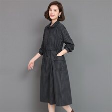 【全年有货，不下架】秋冬加厚连衣裙女长袖条纹棉麻裙中长款，女装连衣裙，3200格调