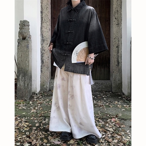 新中式渐变水洗复古盘扣水洗牛仔衬衫夏季薄款短袖衬衫图片