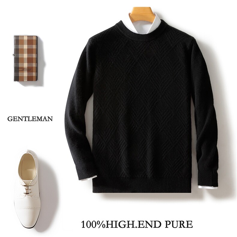 100%纯羊毛衫男圆领席编提花加厚针织毛衣宽松百搭羊绒衫打底上衣，男装羊毛衫，邓利维