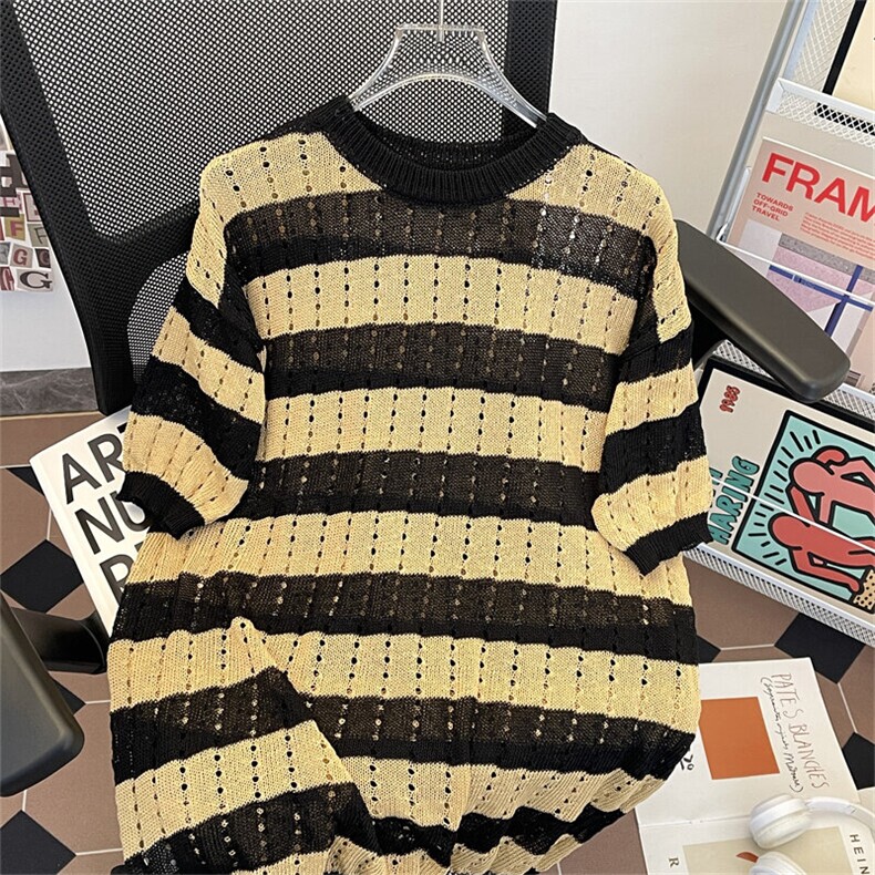 夏季新款镂空冰丝条纹短袖T恤高级感针织透气上衣图片