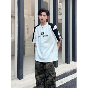 解构设计感拼色印花垫肩短袖T恤男夏季宽松休闲半袖上衣 T25图片