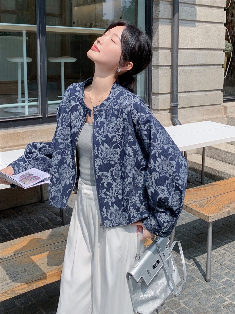 港风休闲减龄碎花牛仔短外套女春秋2025新款爆款高级感夹克巨好看,女装短外套,慧尚2-185