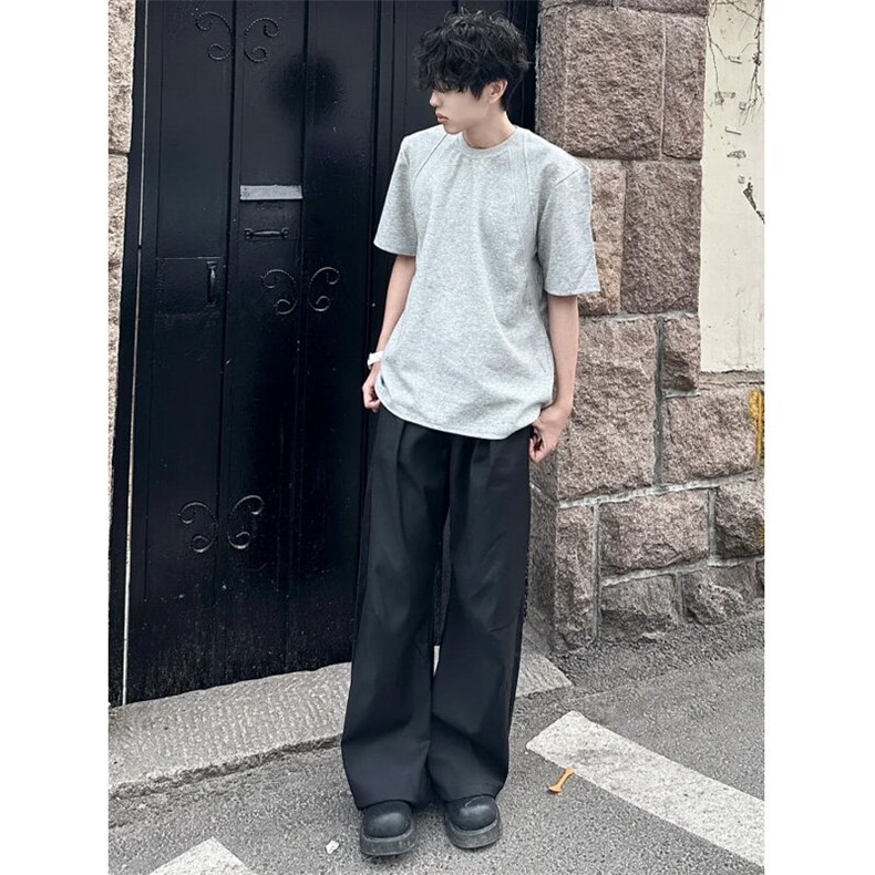 灰色重磅拼接正肩短袖男款美式复古boxy短宽t恤cleanfit潮牌半袖,男装T恤,星座1007（原301D）