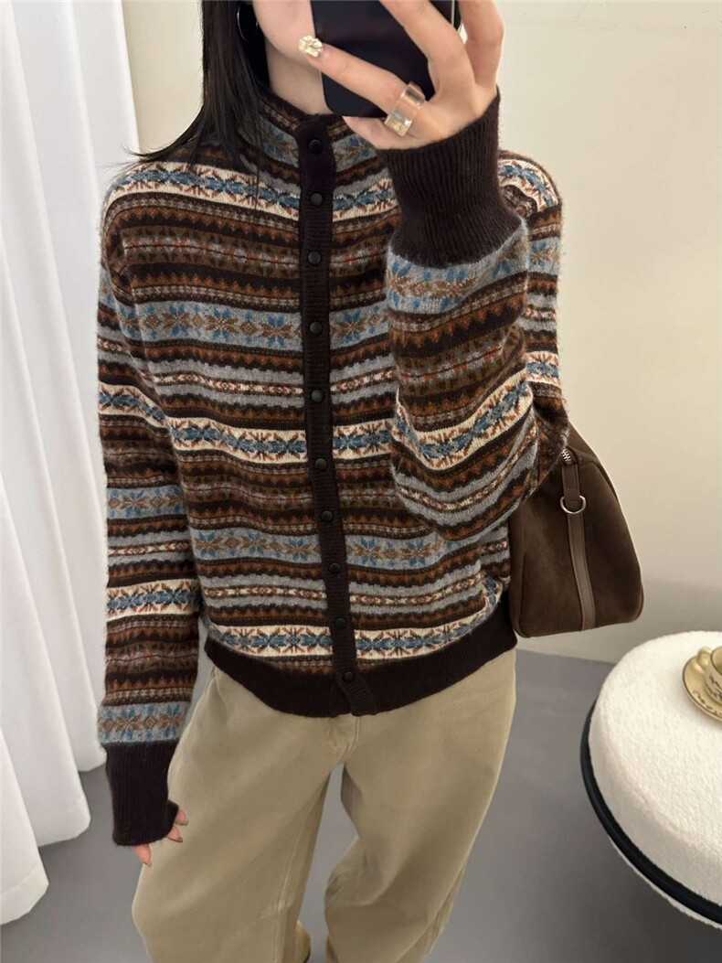 2025年秋季时尚百搭通勤简约休闲费尔岛开衫，女装针织衫/毛衣，九戎