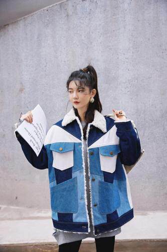 拼接撞色牛仔羊羔毛外套，女装，YOUER DENG
