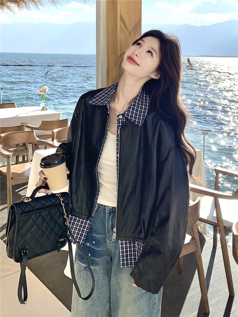 设计感假两件格纹拼接皮衣短外套女2026春季新款宽松休闲显瘦夹克,女装皮衣,艾米莉亚