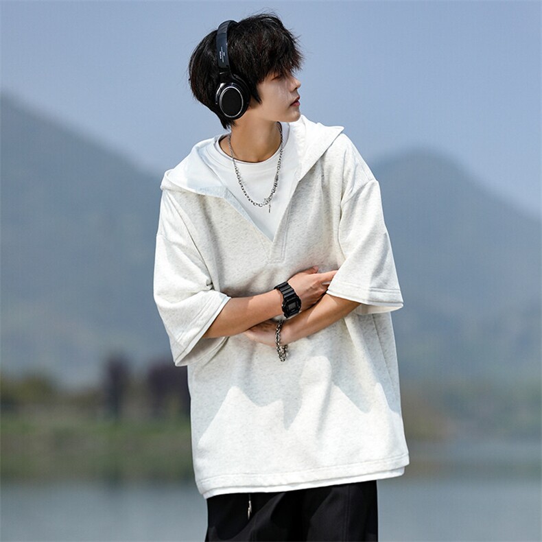 8XL-M假两件短袖卫衣连帽t恤男夏季薄款宽松大码学生半袖DT007P48,男装T恤,电商B312
