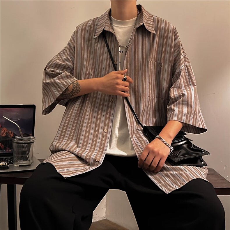 港风条纹衬衫男女短袖夏季薄款休闲日系复古衬衣服痞帅高级感设计,男装衬衫,星座601-2