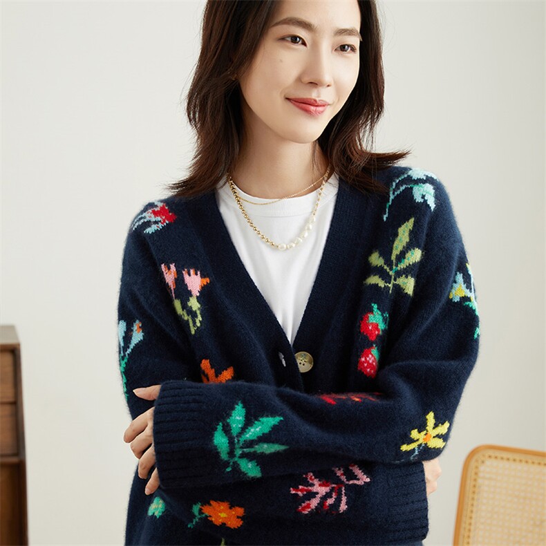 V领开衫女毛衣外套女春秋冬新款宽松显瘦长袖短款羊绒,女装羊绒衫,万品羊绒