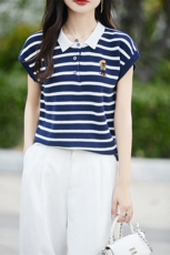条纹短袖T恤女2025新款特大码女装夏季POLO领宽松薄款冰丝针织衫，女装针织衫/毛衣，斯美雅安迪绒