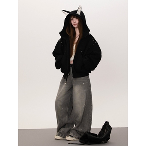 Y180-P68 didiyaa 秋美式覆古小众铆钉拼接杜宾犬连帽卫衣图片