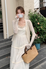 2025夏季新款温柔风收腰显瘦漂亮蛋糕长裙淡人复古吊带连衣裙女，女装套装/套裙，2C299