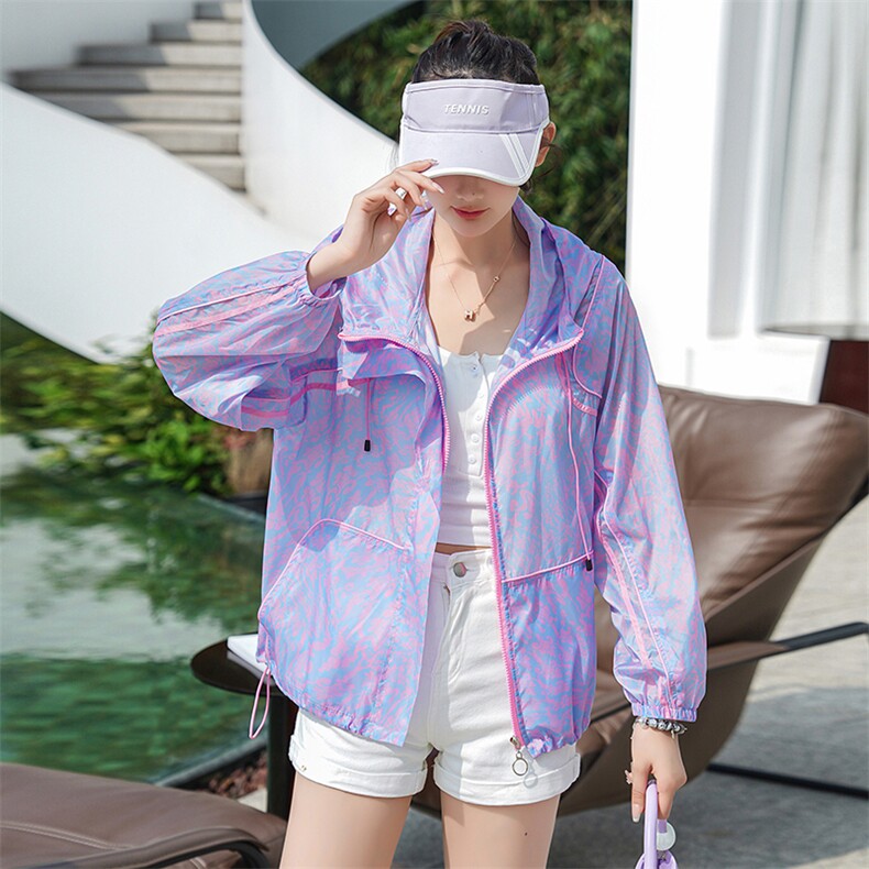 薄款透气连帽防晒衣女2025新款夏季宽松户外印花时尚防晒服外套潮,女装短外套,安之芮娜