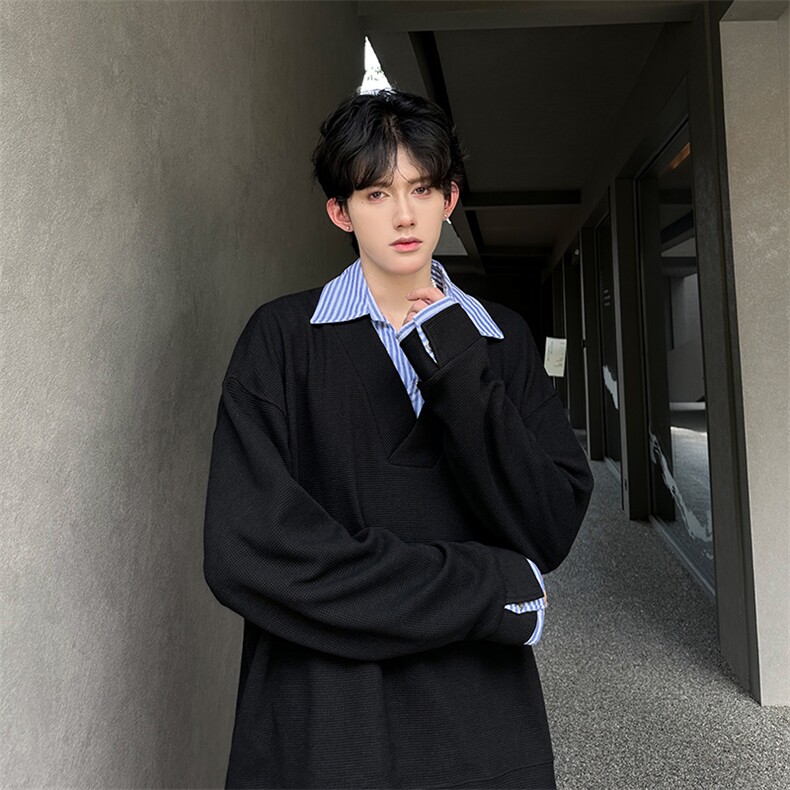 现货  双色拼接翻领V学院风百搭休闲男T恤  A071-3307-P55图片