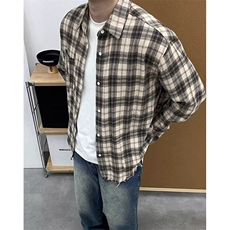 秋季休闲格子长袖衬衫男宽松街头百搭氛围感毛边上衣C3054，男装衬衫，星座1116A（原606A-3）