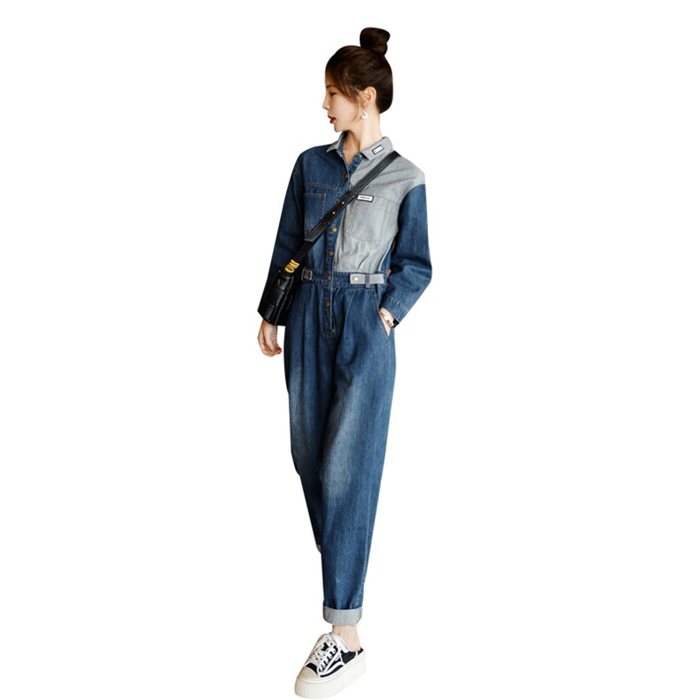 拼接牛仔连体裤女2025春秋新款高端设计感炸街显瘦连身裤,女装连体裤,秋水欣儿