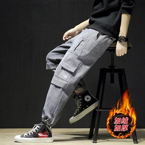 K1016-P45加绒P50秋冬日系黑墙大码工装灯芯绒加厚宽松休闲裤图片