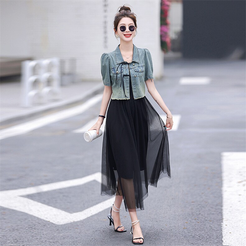 2024夏季新中式盘扣牛仔外套+网纱吊带裙休闲时尚两件套,女装连衣裙,超帛