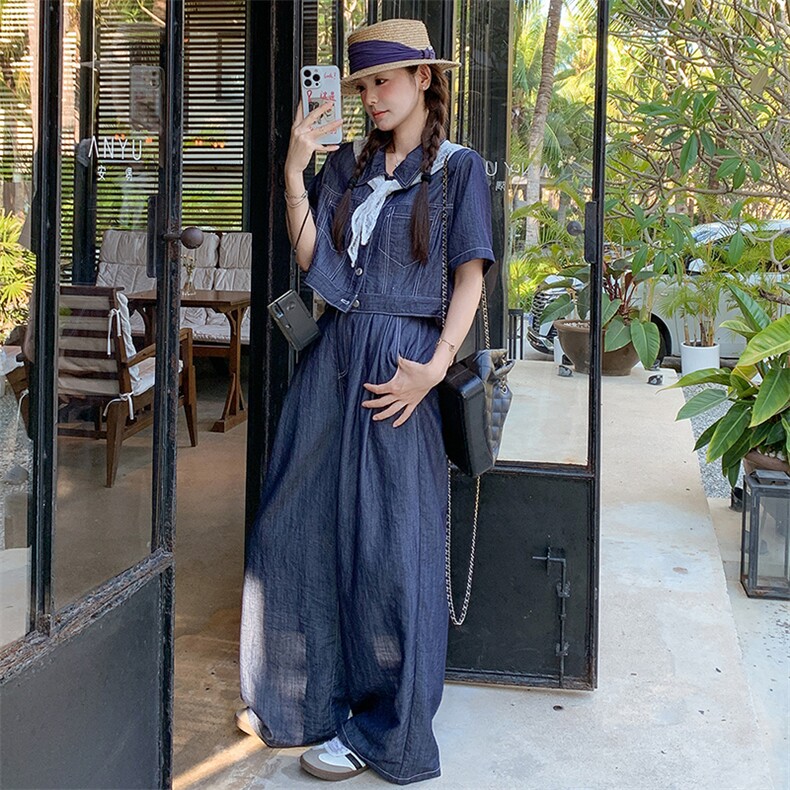 超火休闲穿搭短袖配阔腿裤牛仔套装女夏2025独特绝美松弛感两件套图片