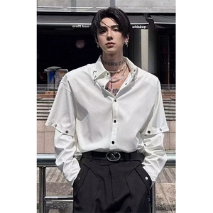 春装新款长袖衬衫男宽松设计感时尚金属拼接个性衬衣外套 C2219图片