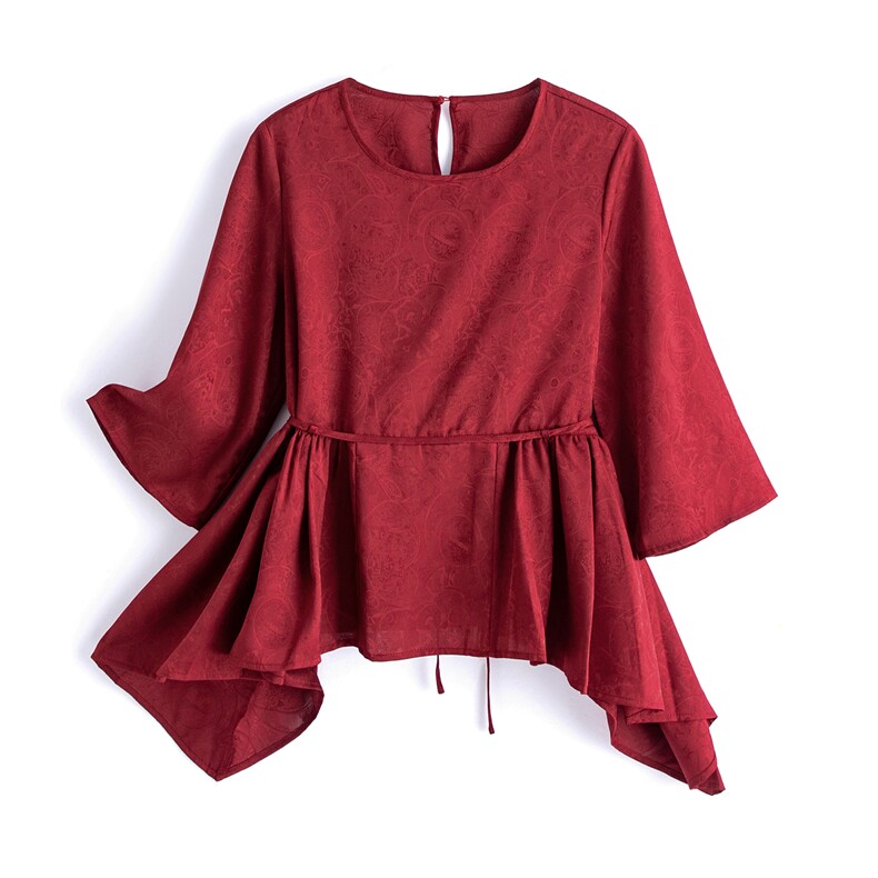 时尚宽松休闲新中式提花系腰带衬衫暗花短款小衫女，女装衬衫，水衣源