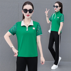 休闲运动服套装女冰丝速干2023年夏季新款中年妈妈时尚两件套洋气图片