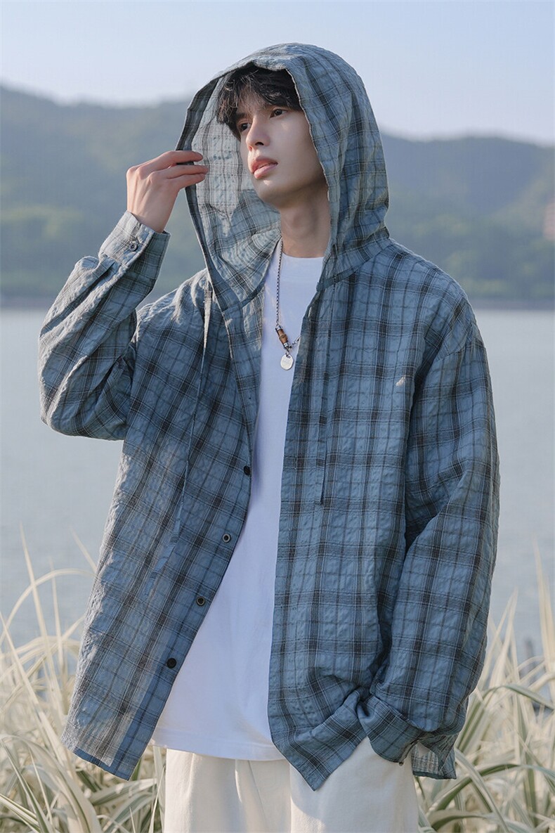 特批P35无差价夏季连帽格子宽松薄款透气潮流防晒衬衫外套男J5210,男装衬衫,电商A001-1