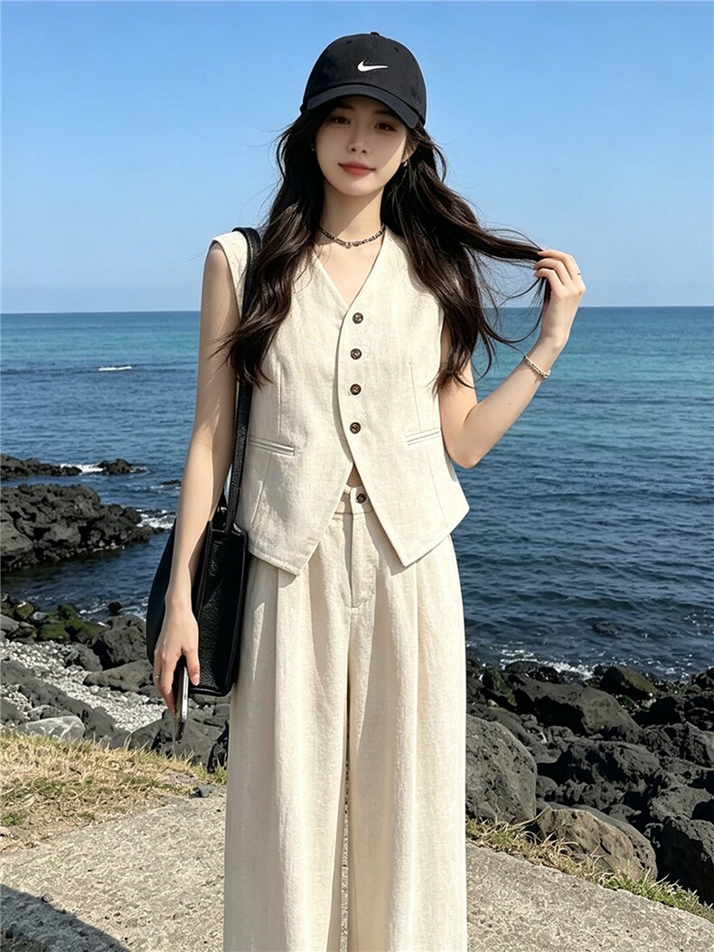 法式高级感气质减龄套装女夏季新款宽松简约无袖上衣长裤两件套潮,女装套装/套裙,江南