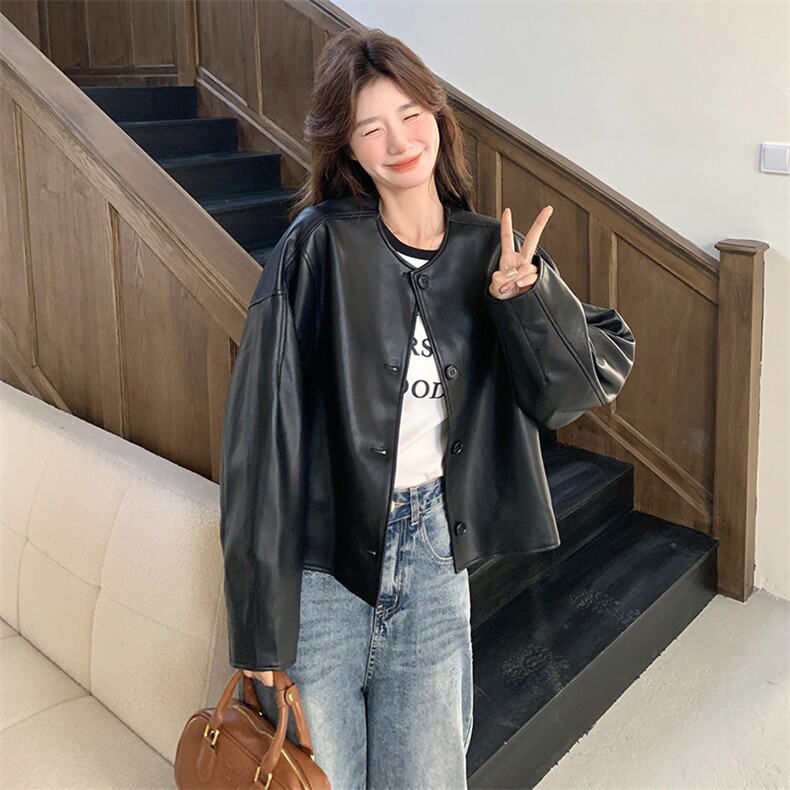 设计感黑色显瘦pu皮衣外套女2025春秋季新款港风复古酷飒夹克上衣,女装皮衣,2C198