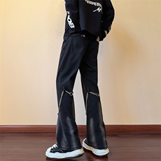 现货高街vibe黑色扎染设计感链条修身微喇牛仔裤男K880-P55控78，男装牛仔裤，星座205