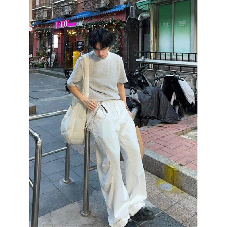 弯刀白色工装休闲裤男生潮牌宽松直筒阔腿高街运动长裤子NQ45，男装工装外套，星座1116A（原606A-3）