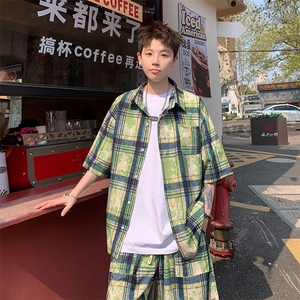 2025美式扎染印花冰丝凉感格子短袖衬衫薄套装 TZ5600/特P45 绿5图片