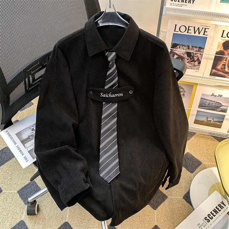 2025春季新款灯芯绒衬衫长袖衬衣配领带男女班服大码W8538-P42,男装衬衫,星座512-4