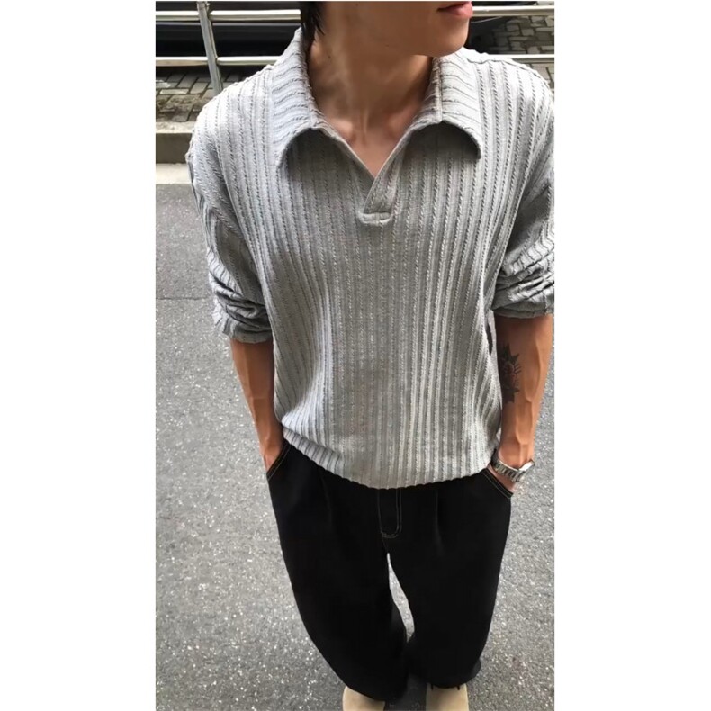 网图老钱风舒适慵懒麦穗纹针织POLO衫秋季高级感V领长袖T恤特P28，男装Polo衫，电商C306-1