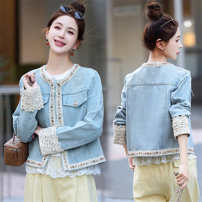 重工轻奢蕾丝拼接短款牛仔外套女2026春秋新款小香风名媛减龄百搭，女装牛仔外套，星宇服饰