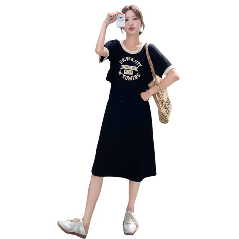 休闲运动黑色假两件T恤连衣裙女夏2025新款简单大方裙子独特漂亮,女装连衣裙,2D148