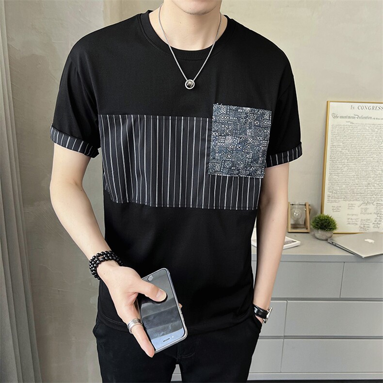 B353326P48黑色店主风2023年夏季新款拼色印花男短袖上衣T恤,男装T恤,电商B353